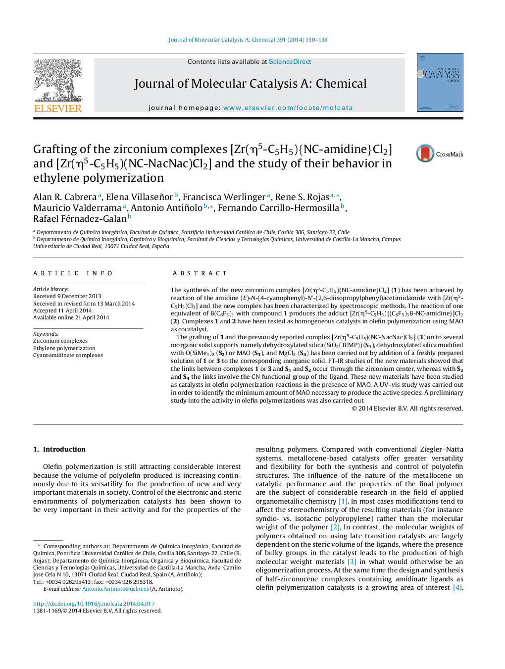 Grafting of the zirconium complexes [Zr(η5-C5H5){NC-amidine}Cl2] and [Zr(η5-C5H5)(NC-NacNac)Cl2] and the study of their behavior in ethylene polymerization