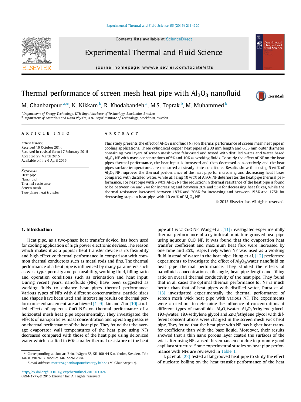 Thermal performance of screen mesh heat pipe with Al2O3 nanofluid