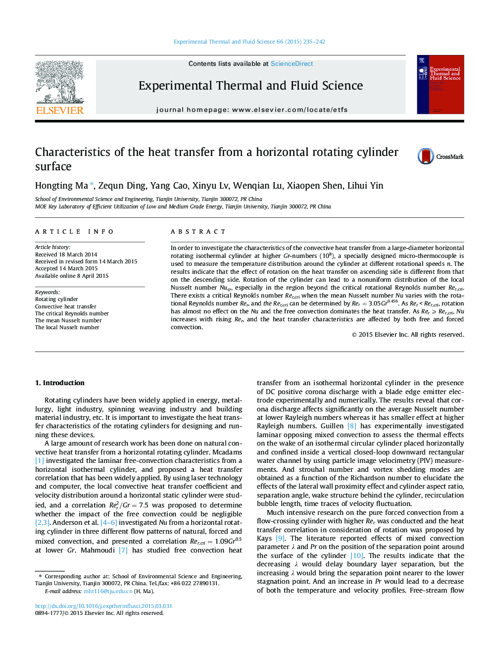 Characteristics of the heat transfer from a horizontal rotating cylinder surface