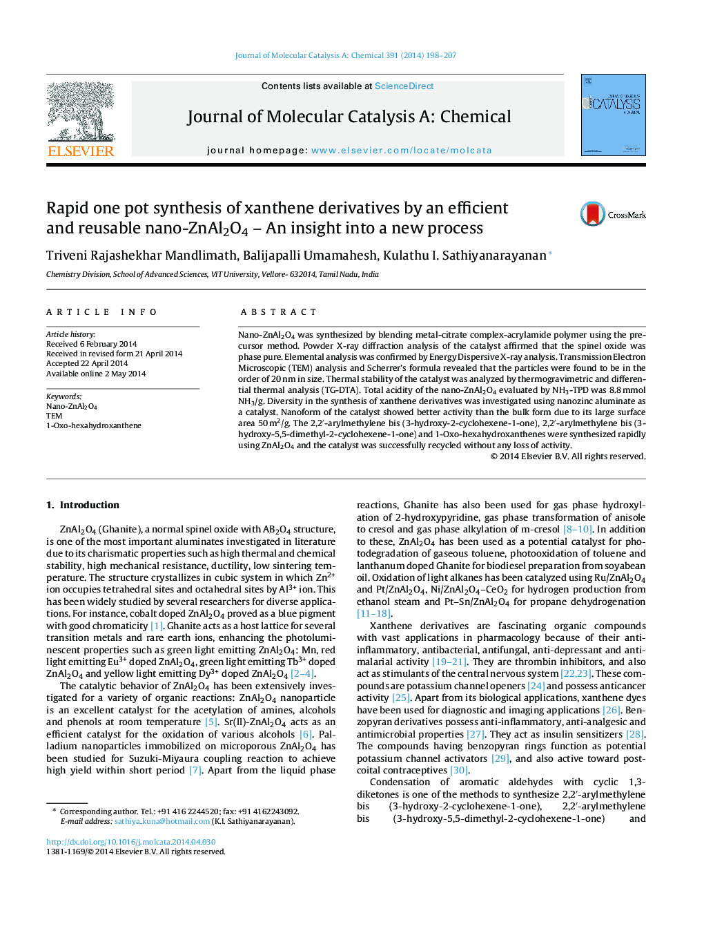Rapid one pot synthesis of xanthene derivatives by an efficient and reusable nano-ZnAl2O4 – An insight into a new process