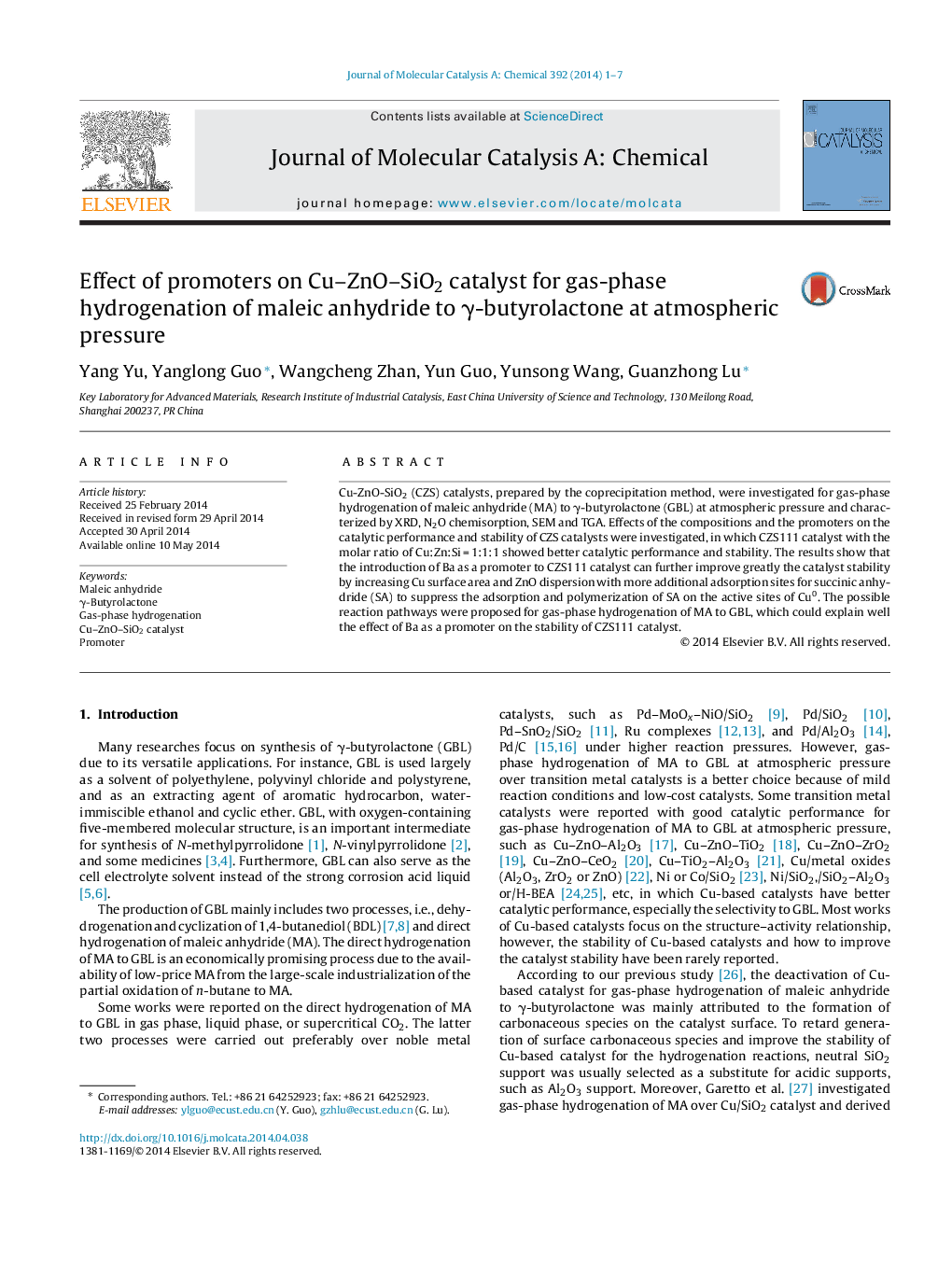 Effect of promoters on Cu–ZnO–SiO2 catalyst for gas-phase hydrogenation of maleic anhydride to γ-butyrolactone at atmospheric pressure