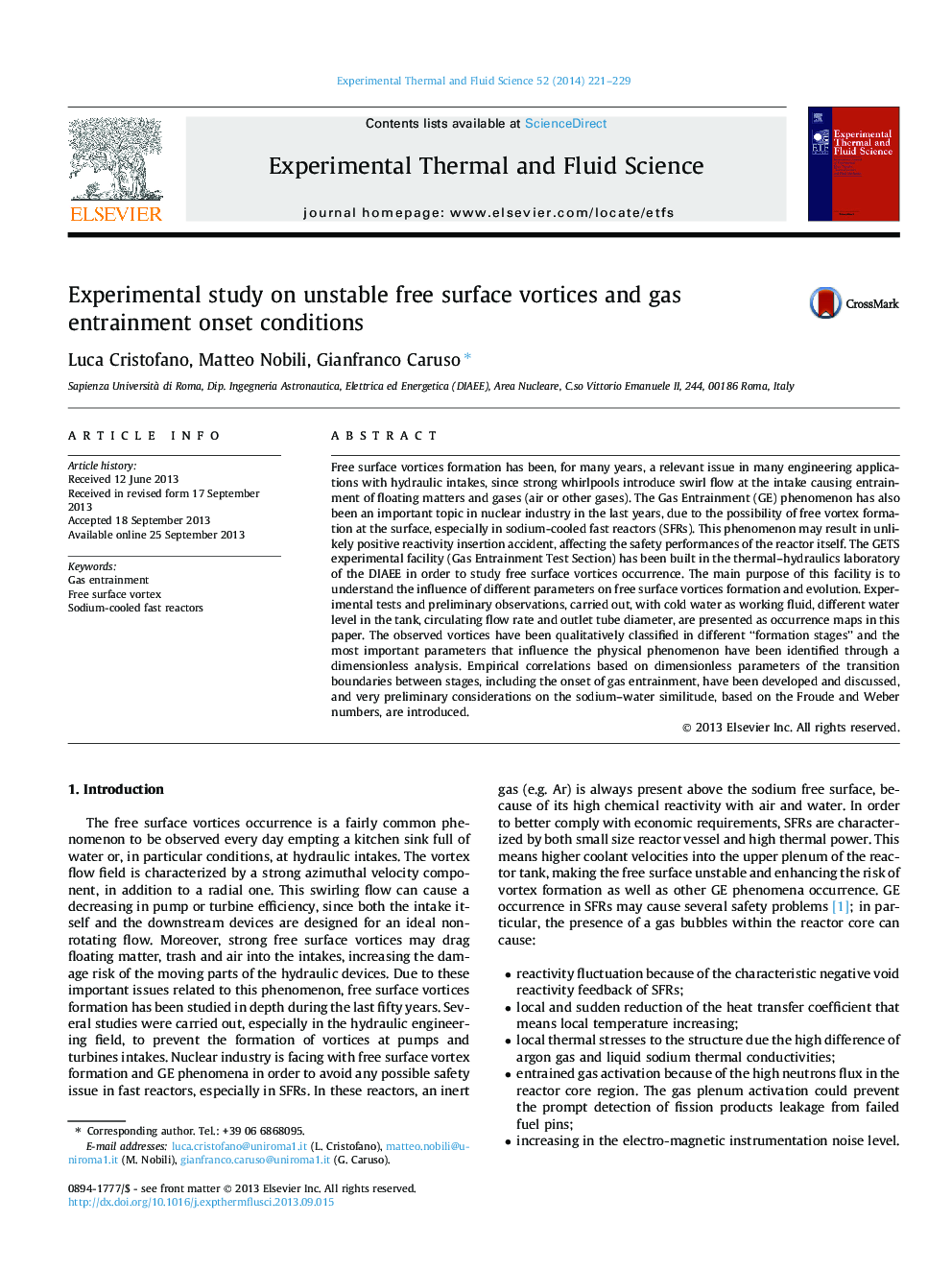 Experimental study on unstable free surface vortices and gas entrainment onset conditions