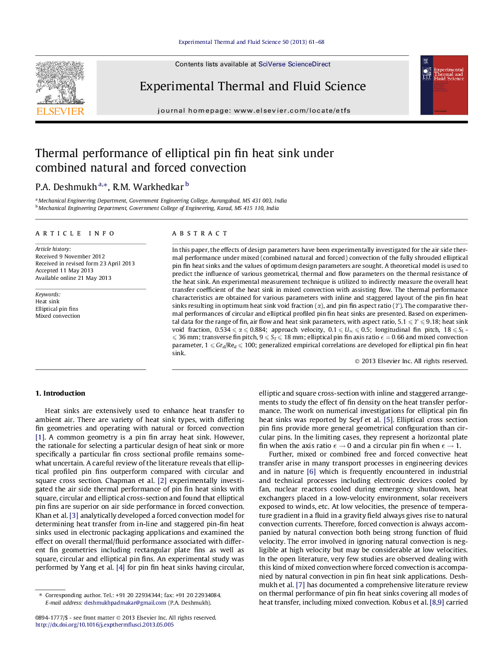 Thermal performance of elliptical pin fin heat sink under combined natural and forced convection