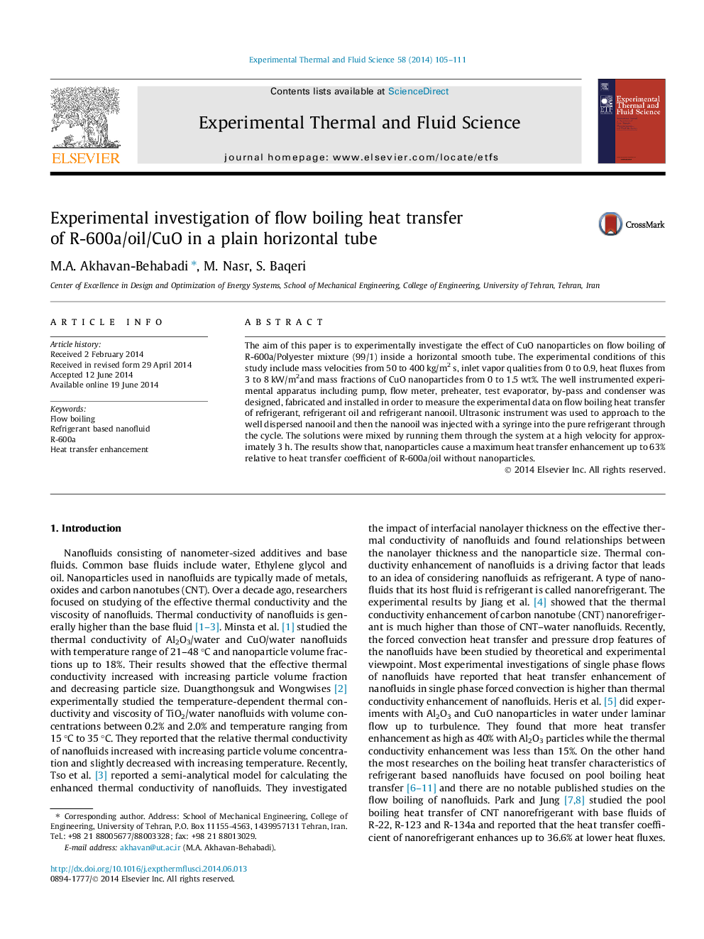 Experimental investigation of flow boiling heat transfer of R-600a/oil/CuO in a plain horizontal tube