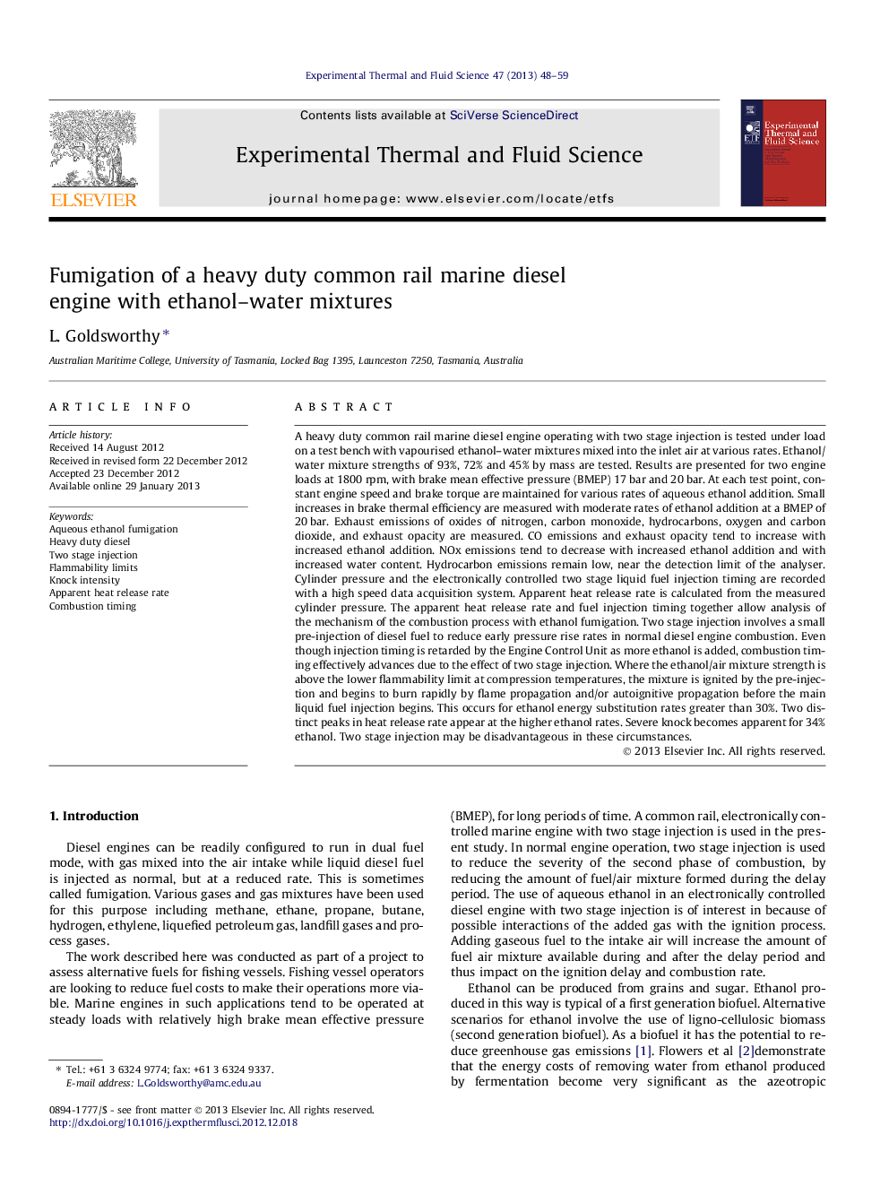 Fumigation of a heavy duty common rail marine diesel engine with ethanol–water mixtures