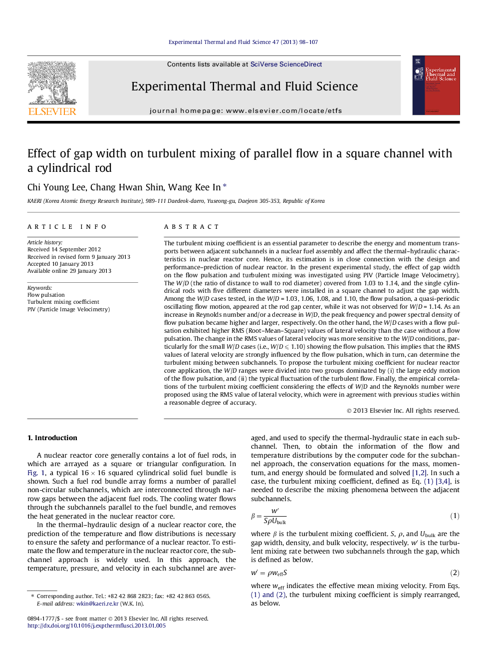 Effect of gap width on turbulent mixing of parallel flow in a square channel with a cylindrical rod