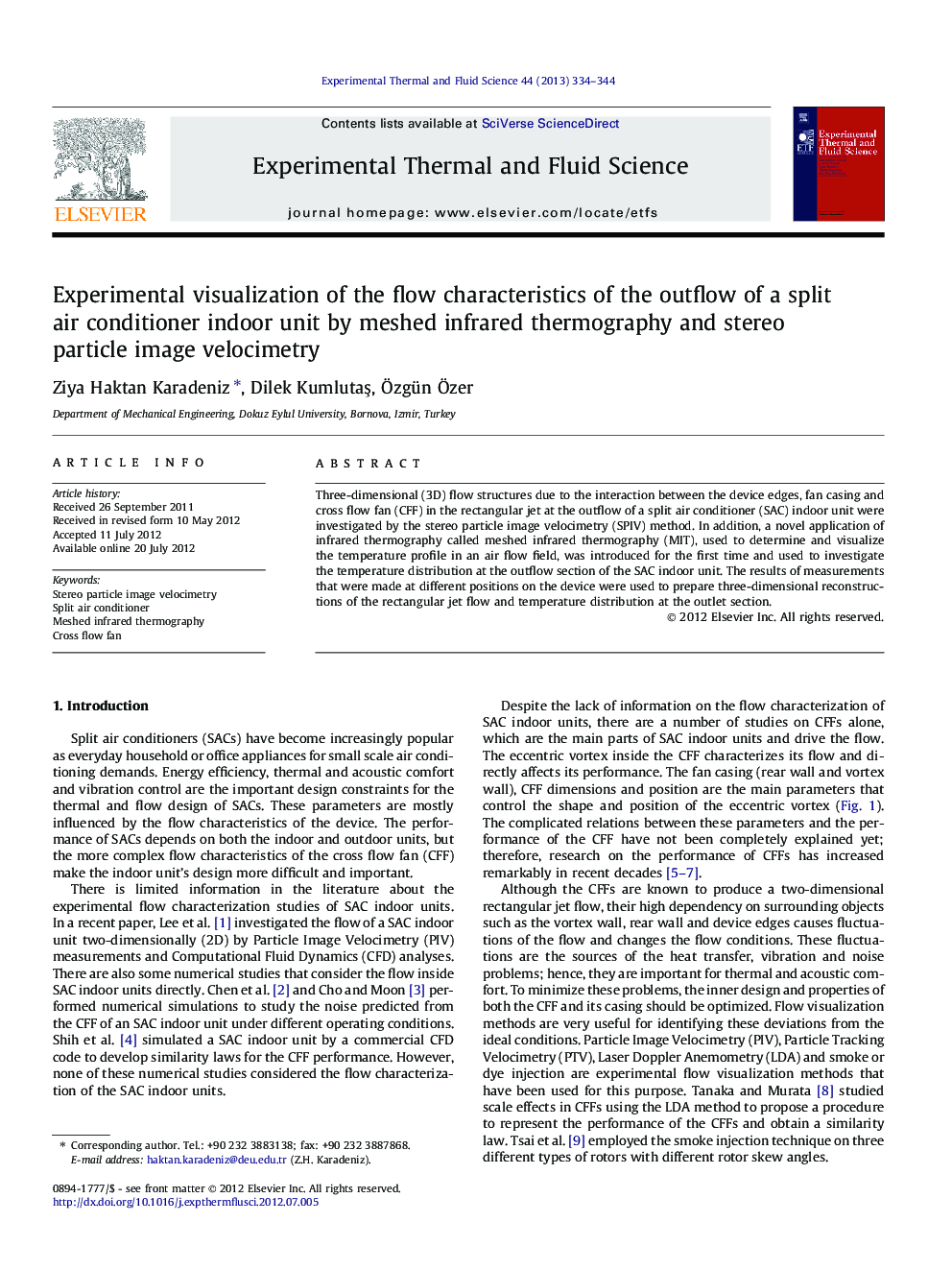 Experimental visualization of the flow characteristics of the outflow of a split air conditioner indoor unit by meshed infrared thermography and stereo particle image velocimetry