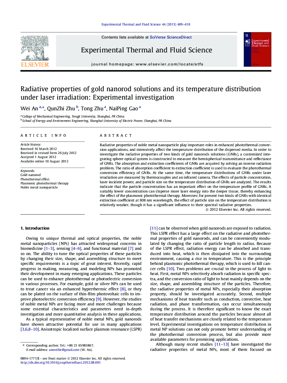 Radiative properties of gold nanorod solutions and its temperature distribution under laser irradiation: Experimental investigation