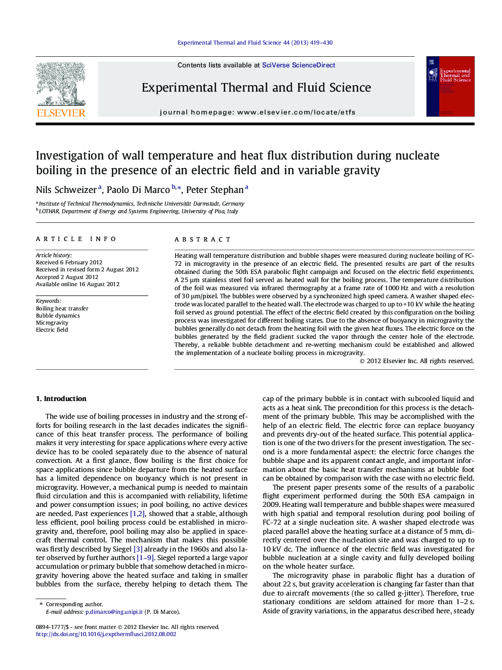 Investigation of wall temperature and heat flux distribution during nucleate boiling in the presence of an electric field and in variable gravity