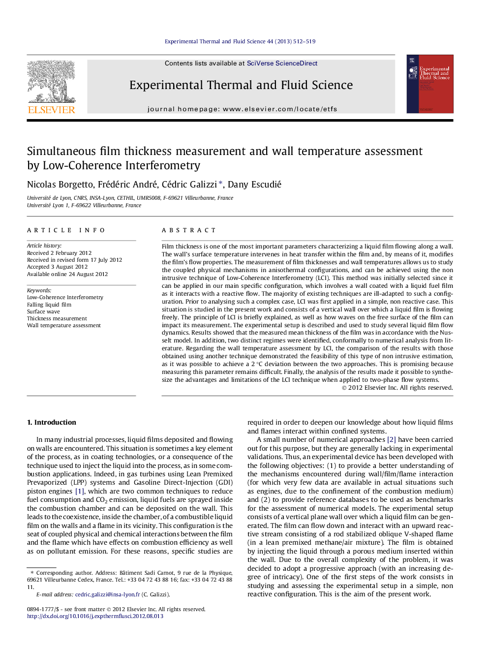 Simultaneous film thickness measurement and wall temperature assessment by Low-Coherence Interferometry