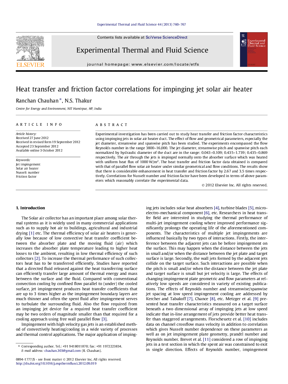 Heat transfer and friction factor correlations for impinging jet solar air heater