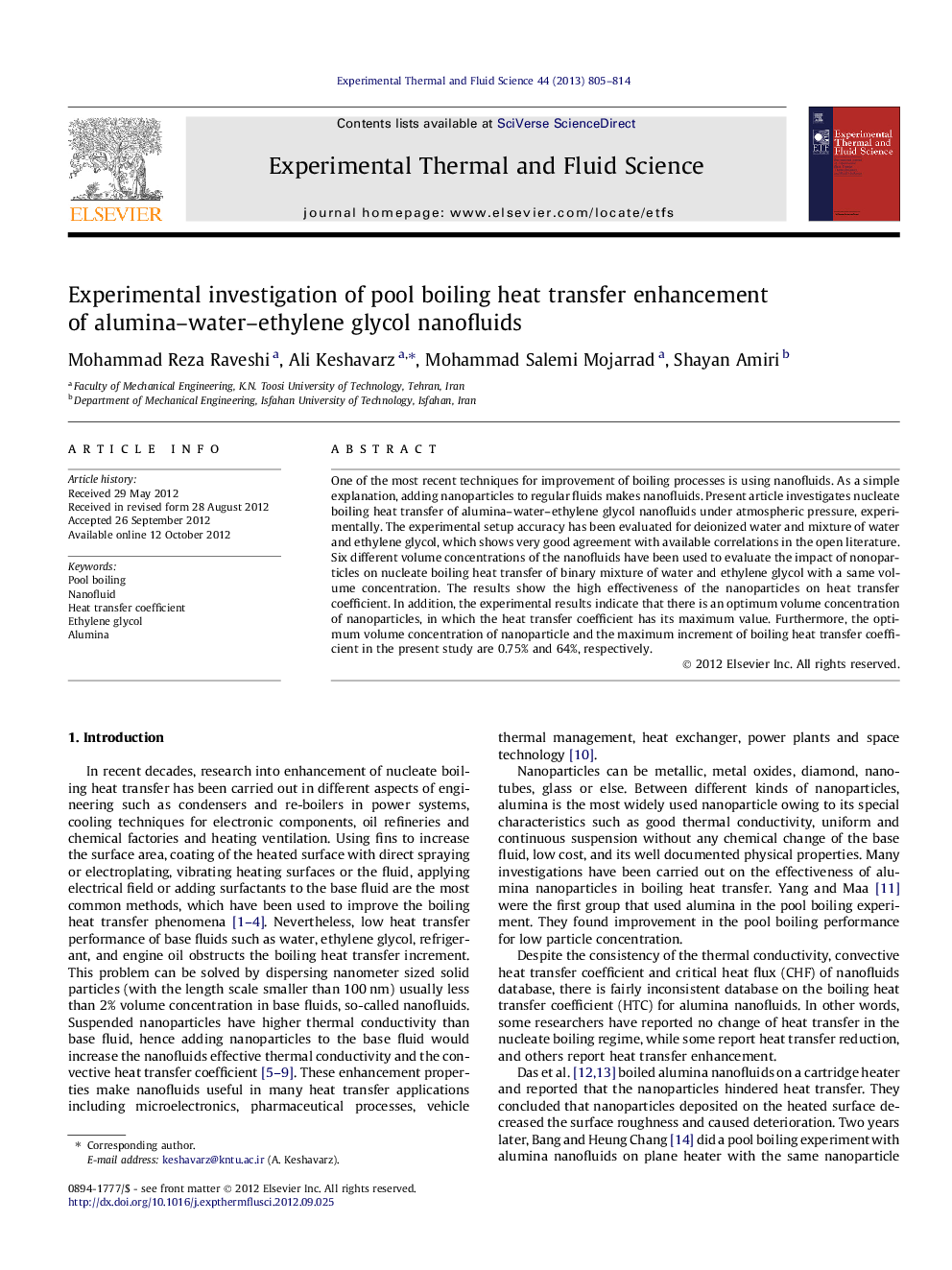 Experimental investigation of pool boiling heat transfer enhancement of alumina–water–ethylene glycol nanofluids