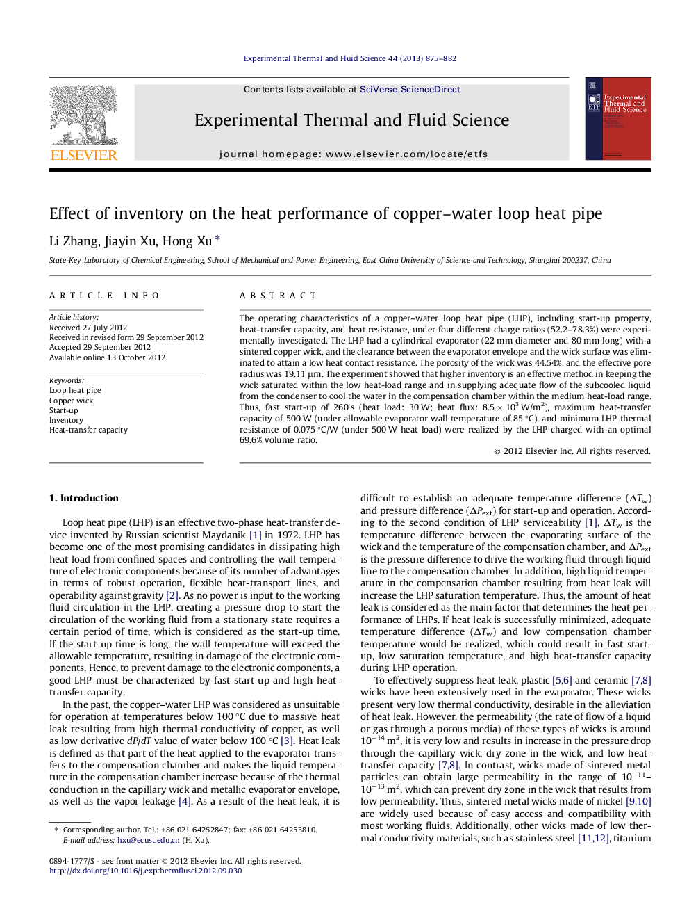 Effect of inventory on the heat performance of copper–water loop heat pipe