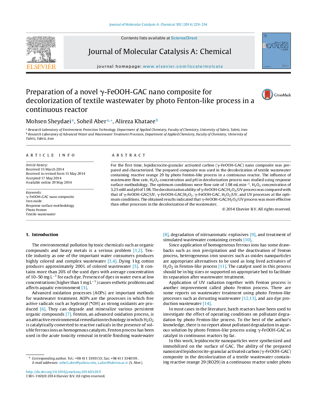 عکس صفحه اول مقاله: Preparation of a novel γ-FeOOH-GAC nano composite for decolorization of textile wastewater by photo Fenton-like process in a continuous reactor Preparation of a novel γ-FeOOH-GAC nano composite for decolorization of textile wastewater by photo Fenton-like process in a continuous reactor