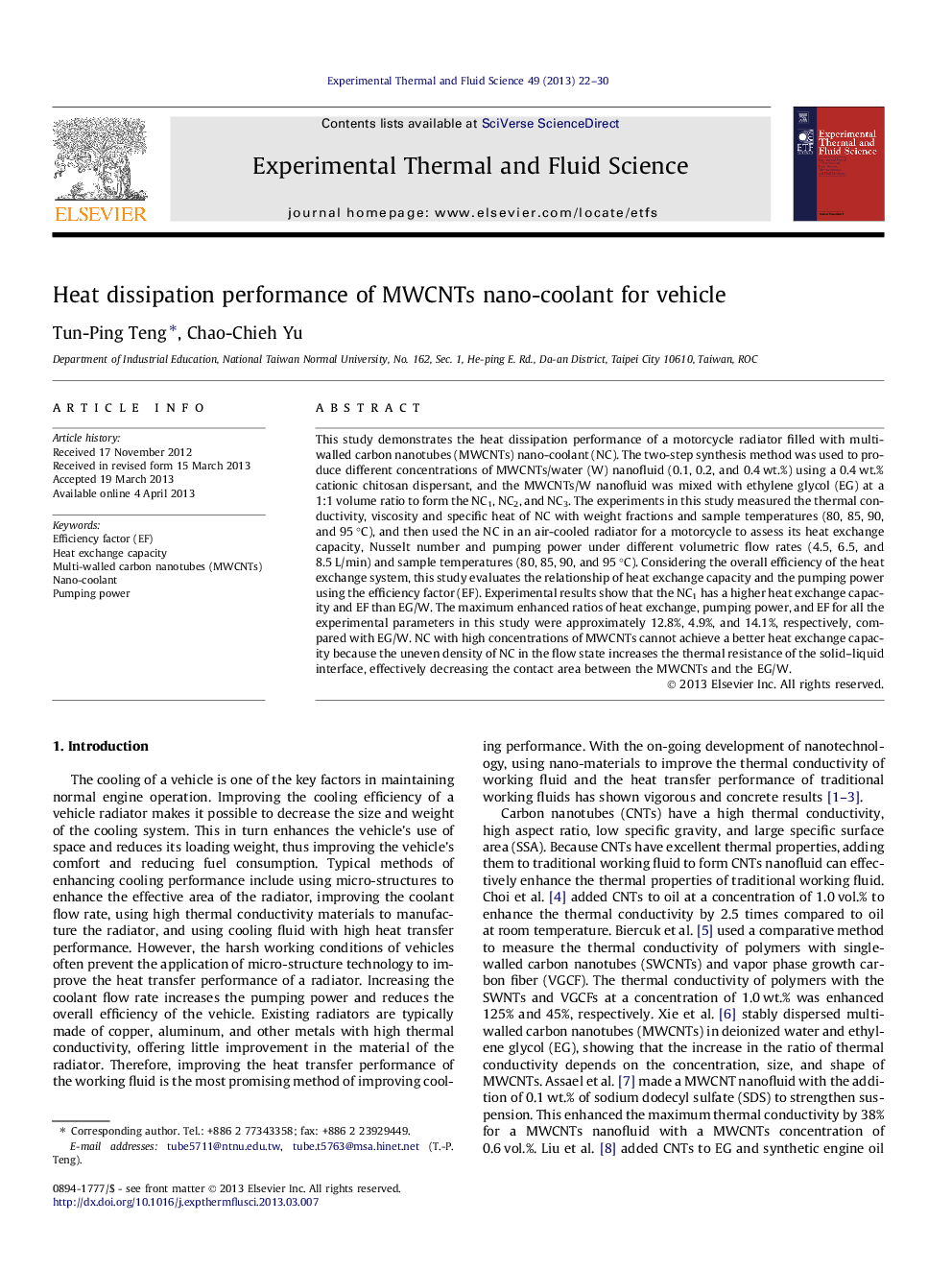 Heat dissipation performance of MWCNTs nano-coolant for vehicle