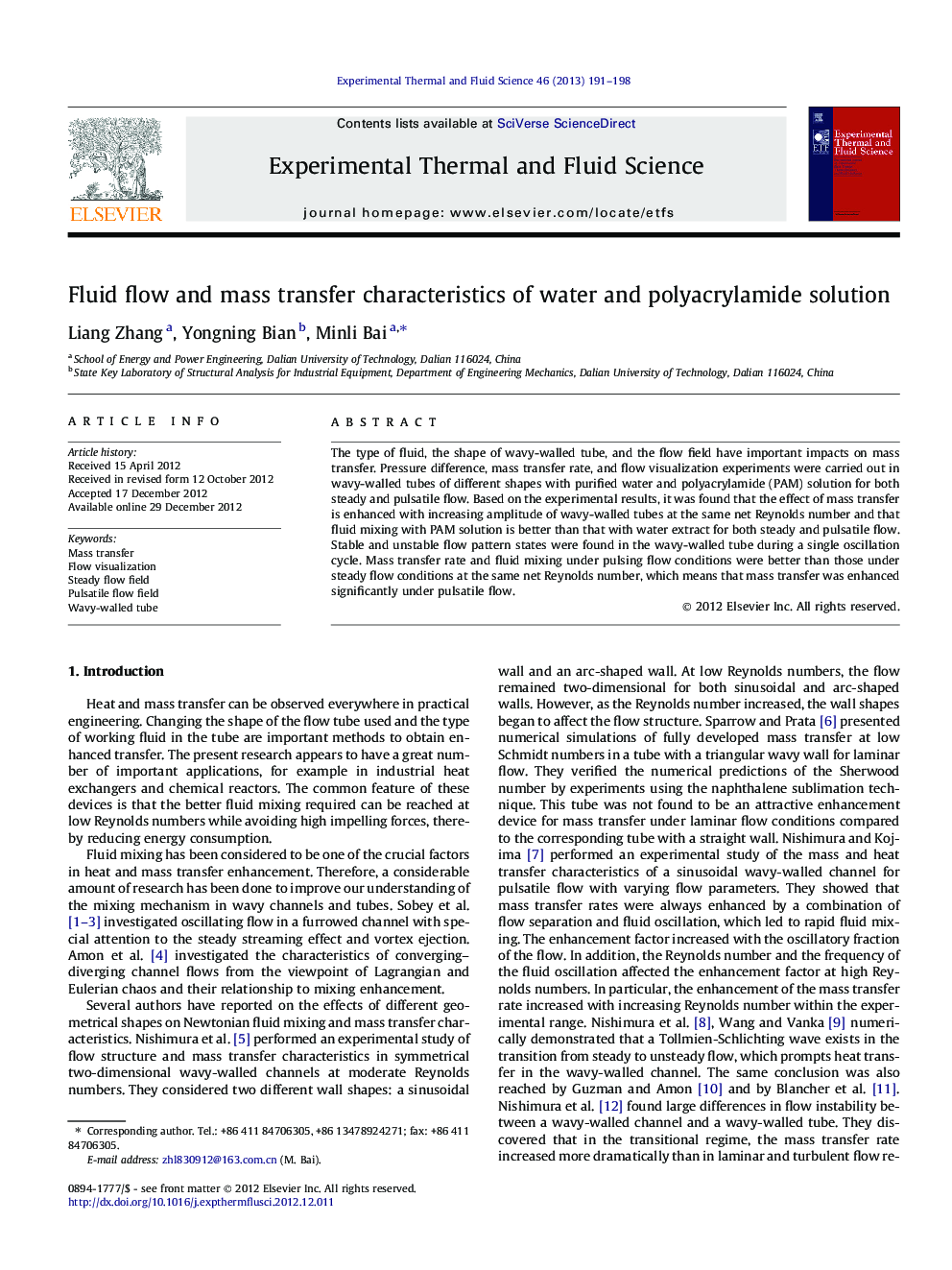 Fluid flow and mass transfer characteristics of water and polyacrylamide solution