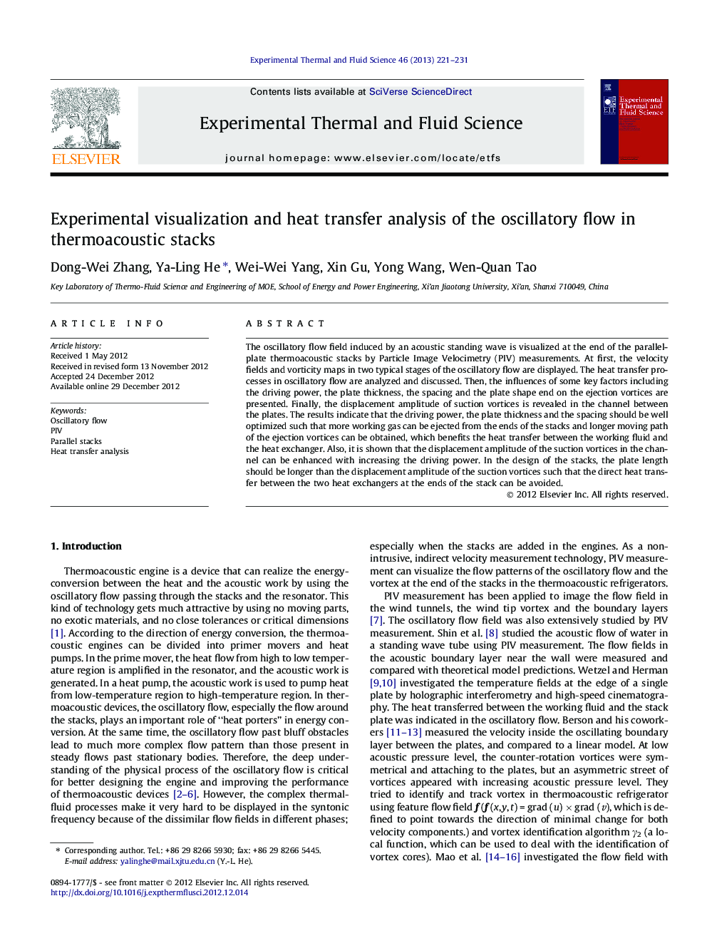 Experimental visualization and heat transfer analysis of the oscillatory flow in thermoacoustic stacks