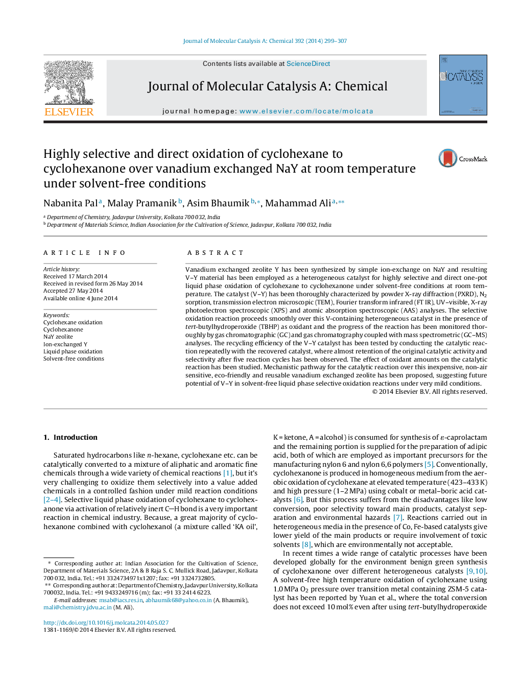 Highly selective and direct oxidation of cyclohexane to cyclohexanone over vanadium exchanged NaY at room temperature under solvent-free conditions