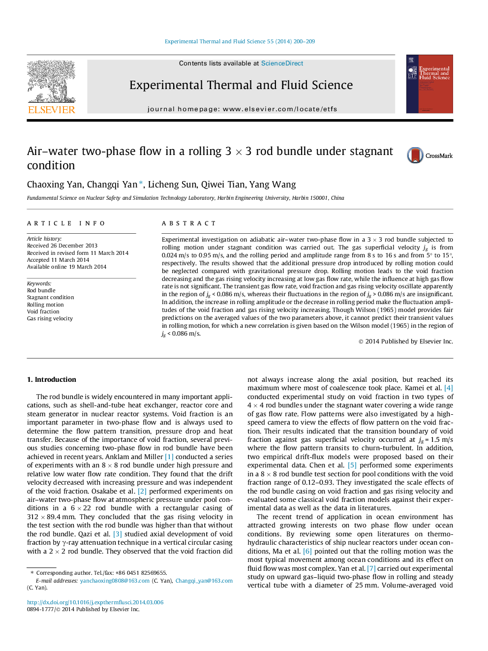 Air-water two-phase flow in a rolling 3Â ÃÂ 3 rod bundle under stagnant condition