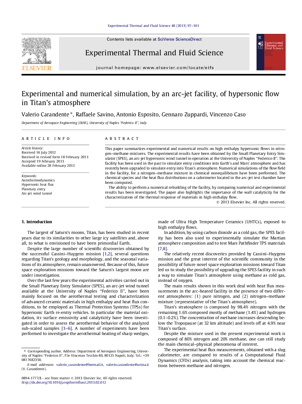 Experimental and numerical simulation, by an arc-jet facility, of hypersonic flow in Titan’s atmosphere