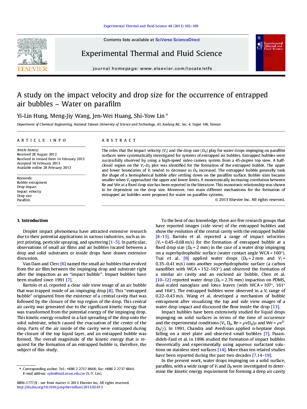 A study on the impact velocity and drop size for the occurrence of entrapped air bubbles – Water on parafilm