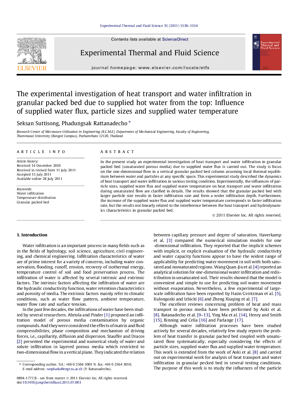 The experimental investigation of heat transport and water infiltration in granular packed bed due to supplied hot water from the top: Influence of supplied water flux, particle sizes and supplied water temperature