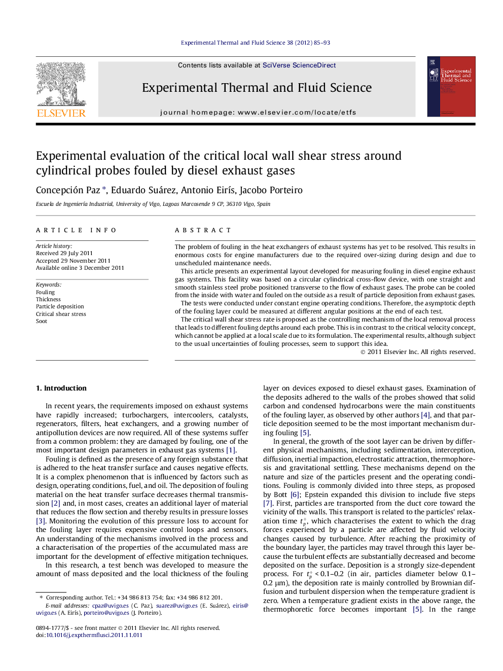 Experimental evaluation of the critical local wall shear stress around cylindrical probes fouled by diesel exhaust gases