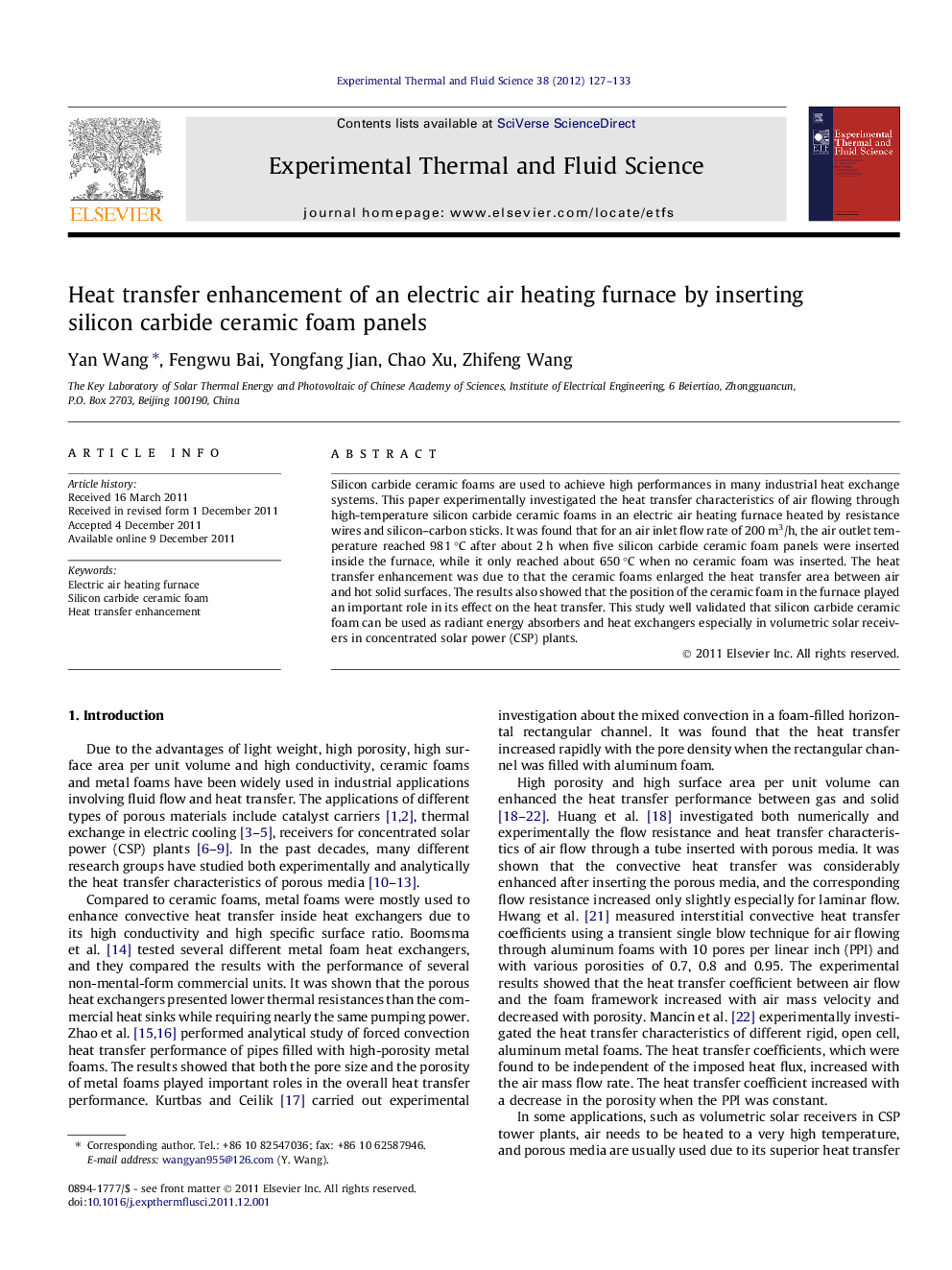 Heat transfer enhancement of an electric air heating furnace by inserting silicon carbide ceramic foam panels