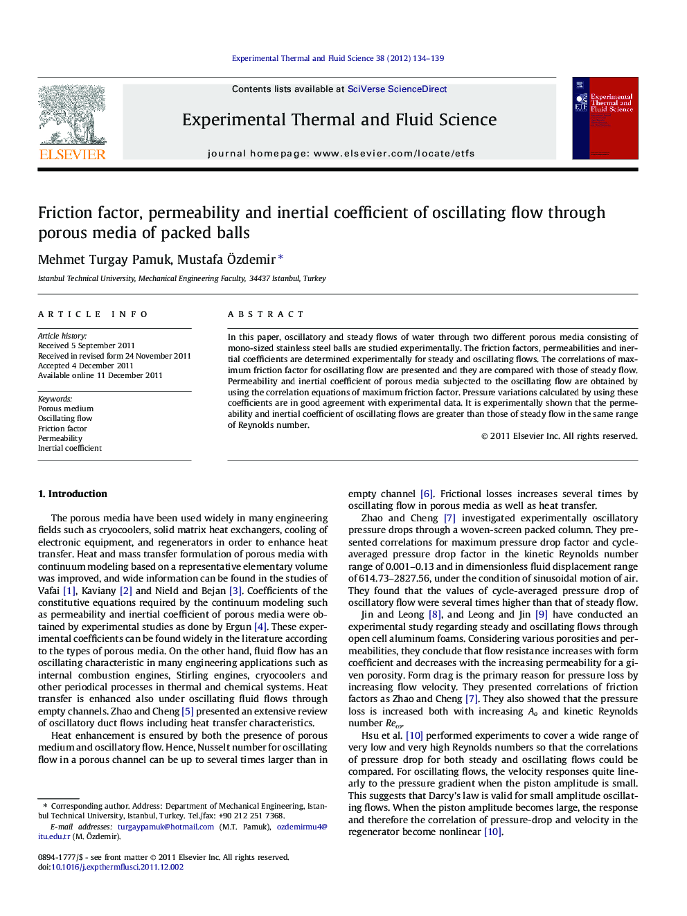 Friction factor, permeability and inertial coefficient of oscillating flow through porous media of packed balls