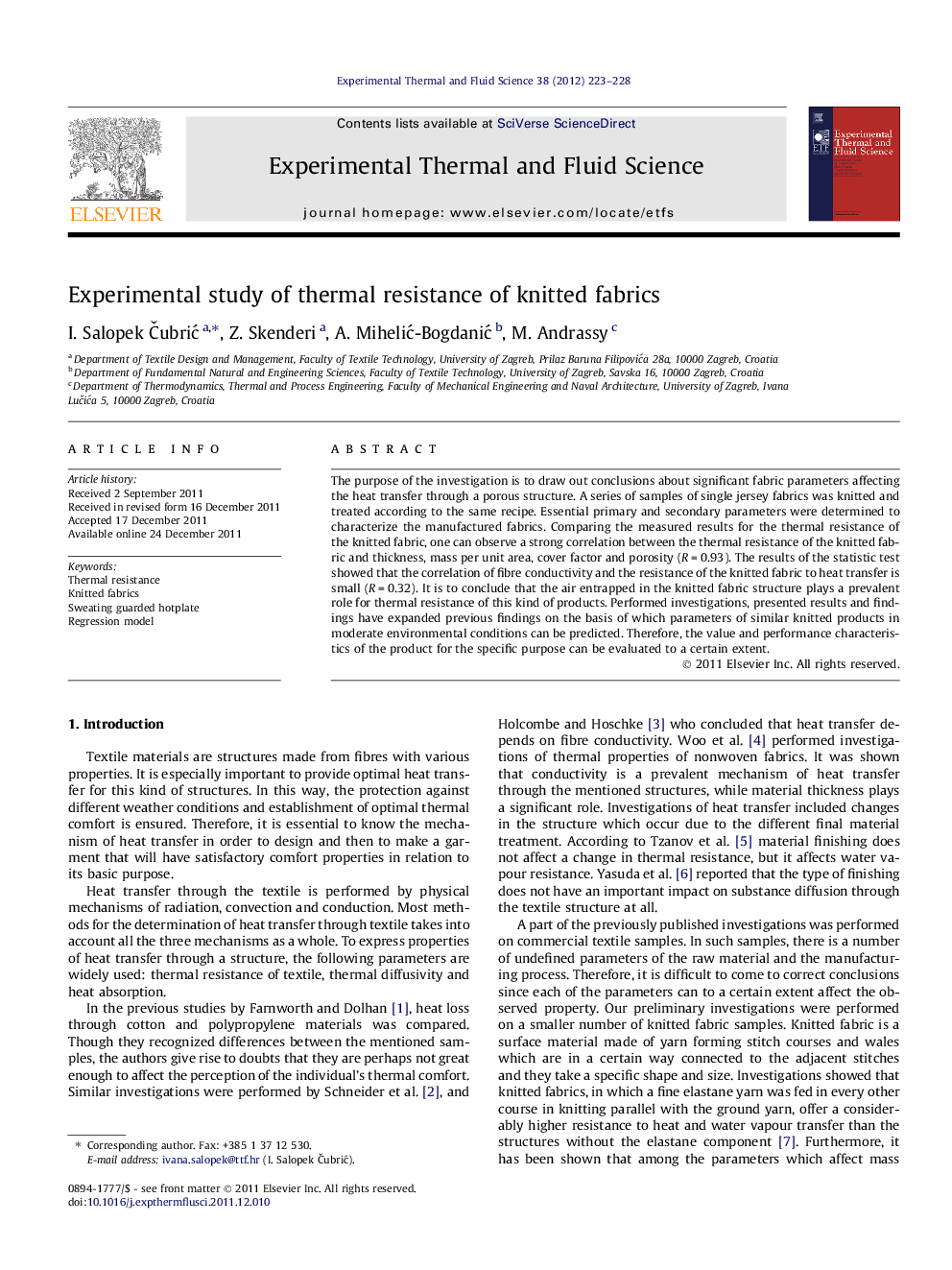 Experimental study of thermal resistance of knitted fabrics