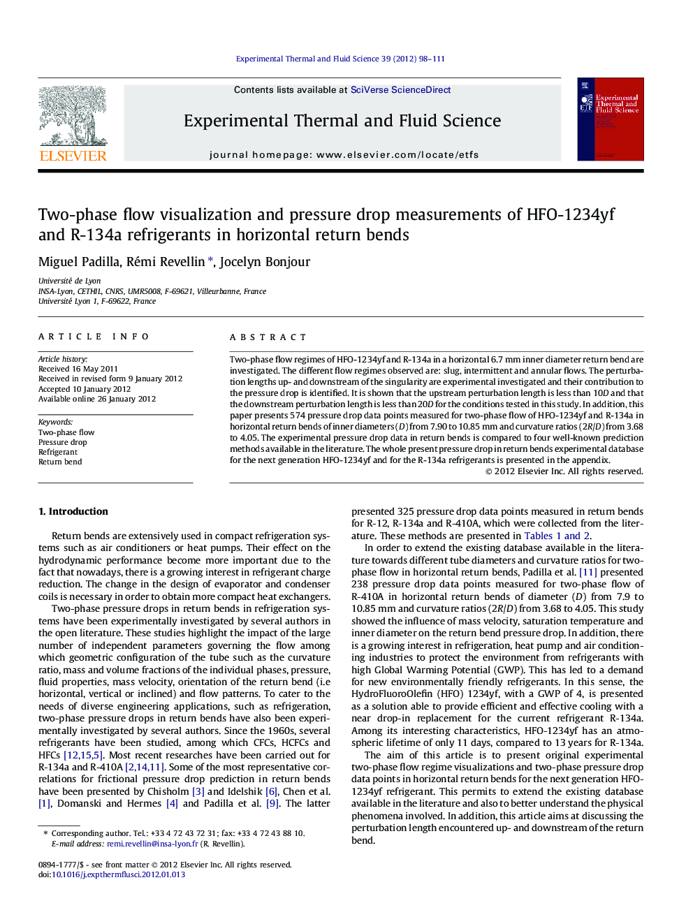 Two-phase flow visualization and pressure drop measurements of HFO-1234yf and R-134a refrigerants in horizontal return bends