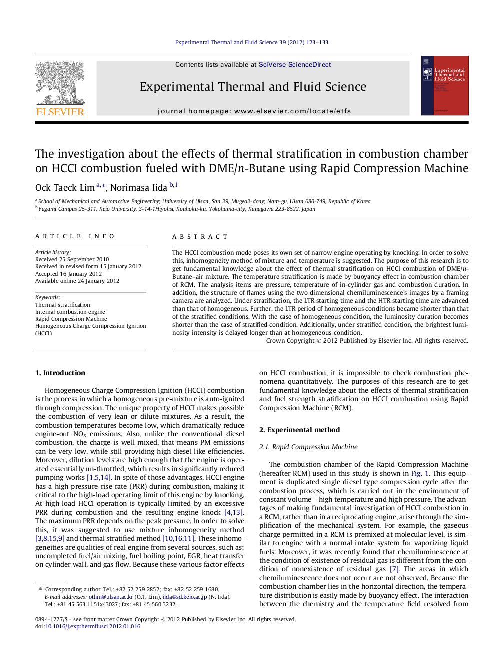 The investigation about the effects of thermal stratification in combustion chamber on HCCI combustion fueled with DME/n-Butane using Rapid Compression Machine