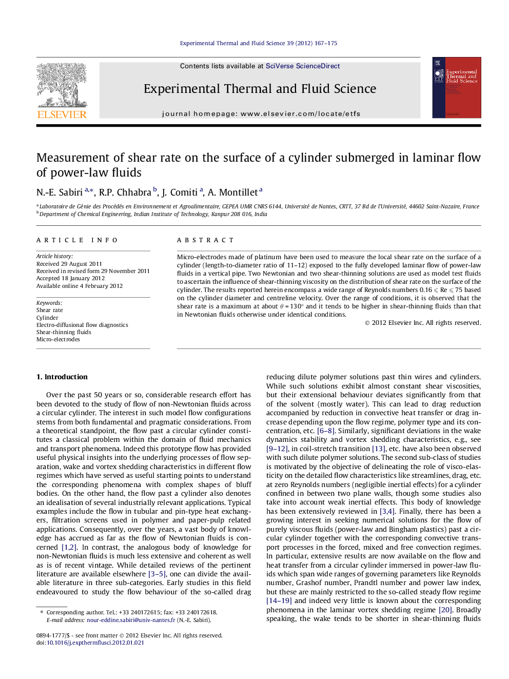 Measurement of shear rate on the surface of a cylinder submerged in laminar flow of power-law fluids