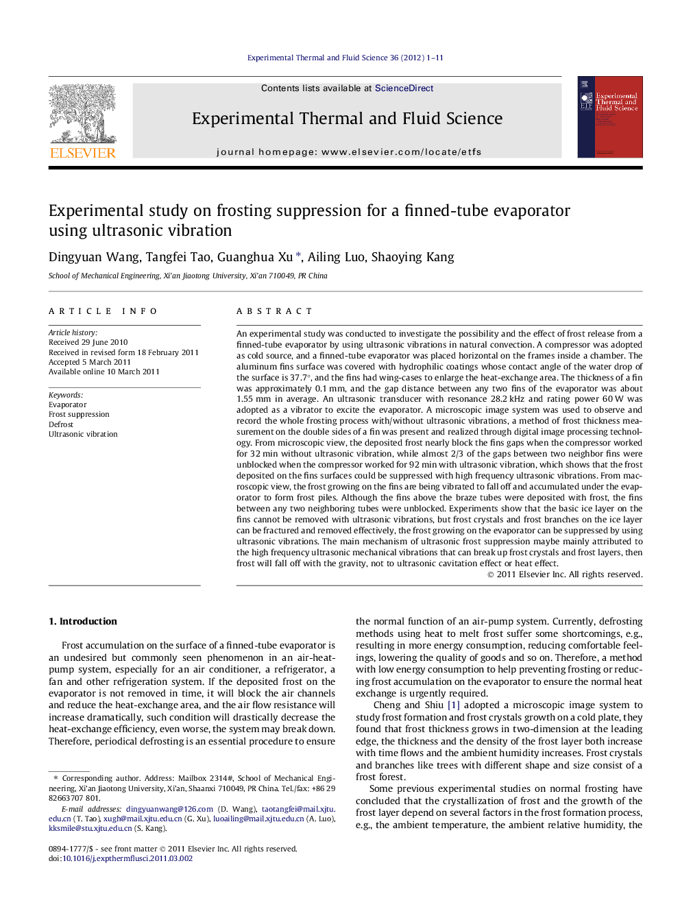 عکس صفحه اول مقاله: Experimental study on frosting suppression for a finned-tube evaporator using ultrasonic vibration Experimental study on frosting suppression for a finned-tube evaporator using ultrasonic vibration