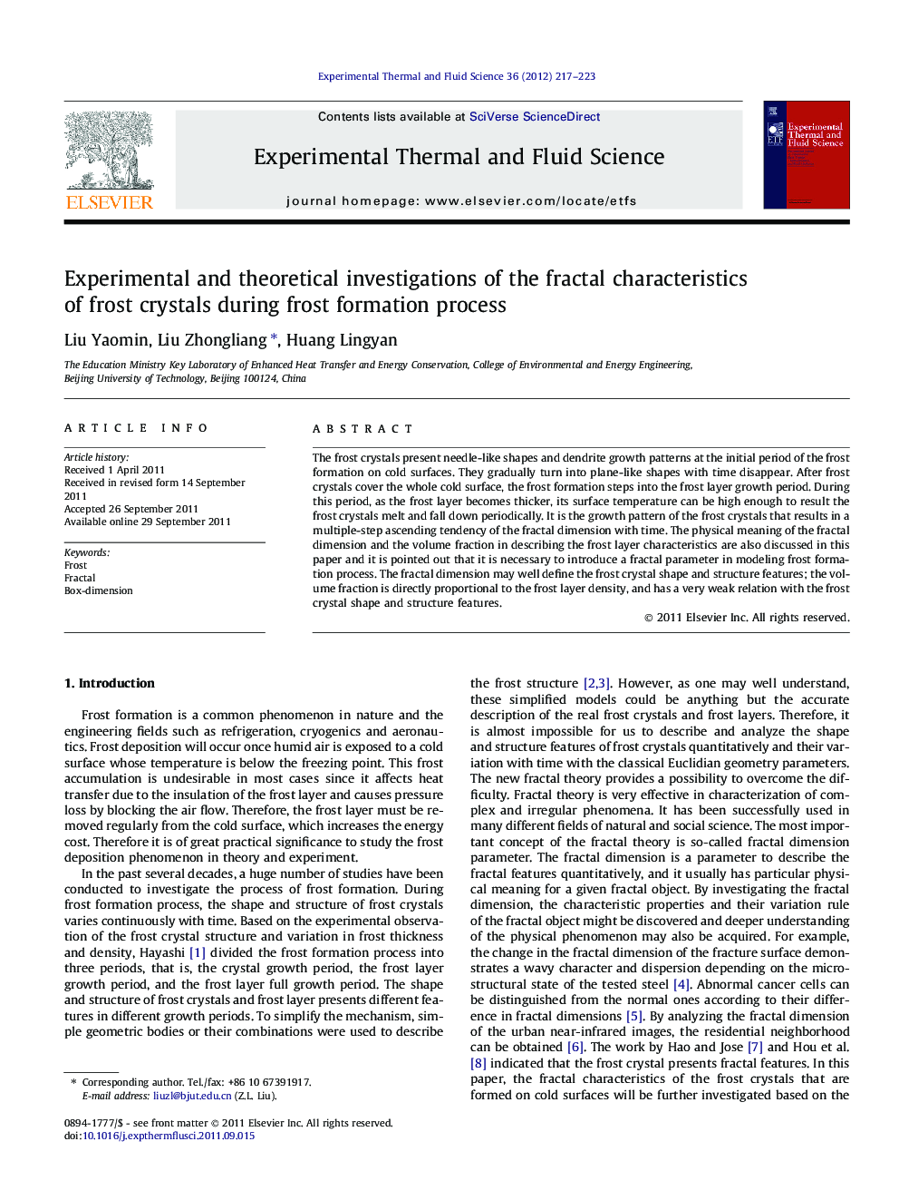 Experimental and theoretical investigations of the fractal characteristics of frost crystals during frost formation process