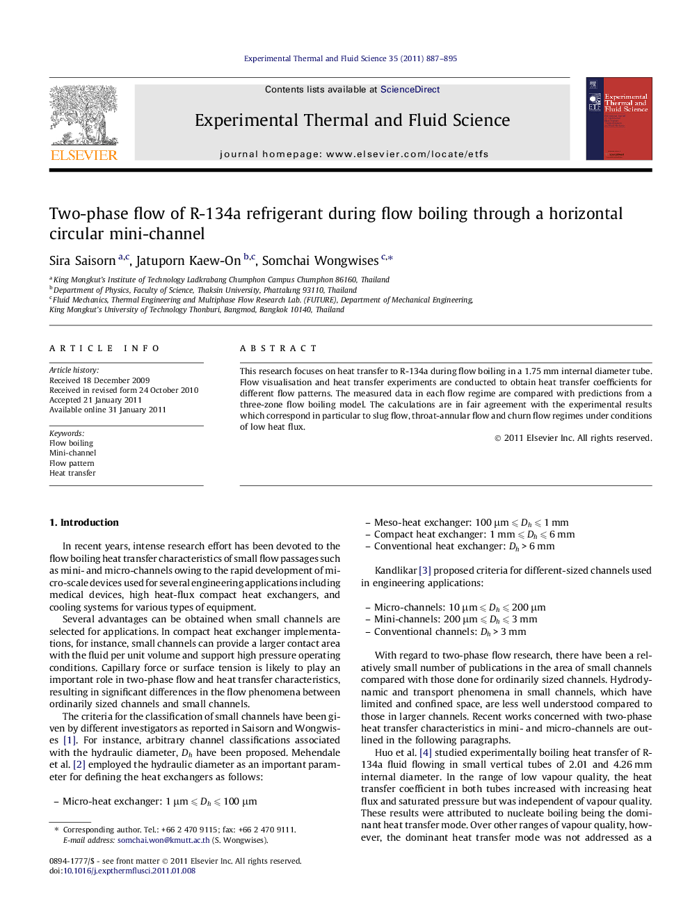 Two-phase flow of R-134a refrigerant during flow boiling through a horizontal circular mini-channel