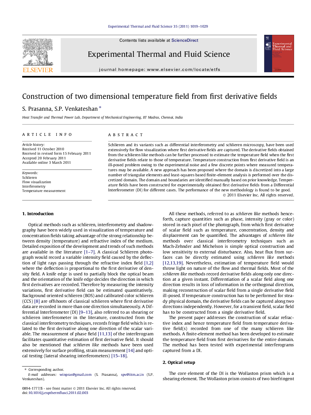 Construction of two dimensional temperature field from first derivative fields