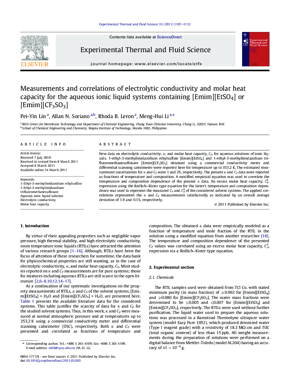 Measurements and correlations of electrolytic conductivity and molar heat capacity for the aqueous ionic liquid systems containing [Emim][EtSO4] or [Emim][CF3SO3]