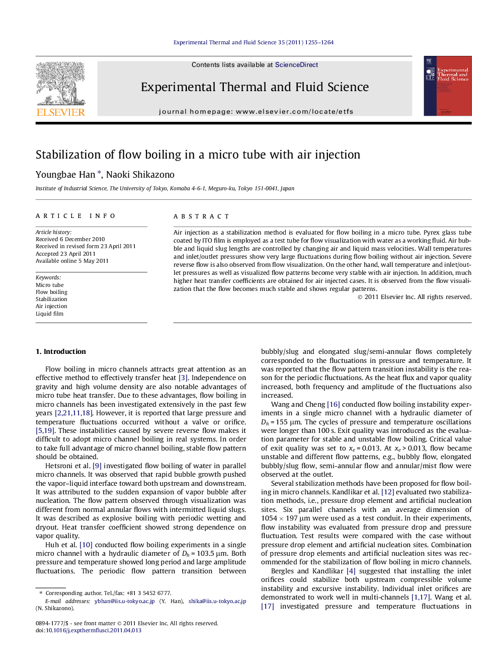 عکس صفحه اول مقاله: Stabilization of flow boiling in a micro tube with air injection Stabilization of flow boiling in a micro tube with air injection