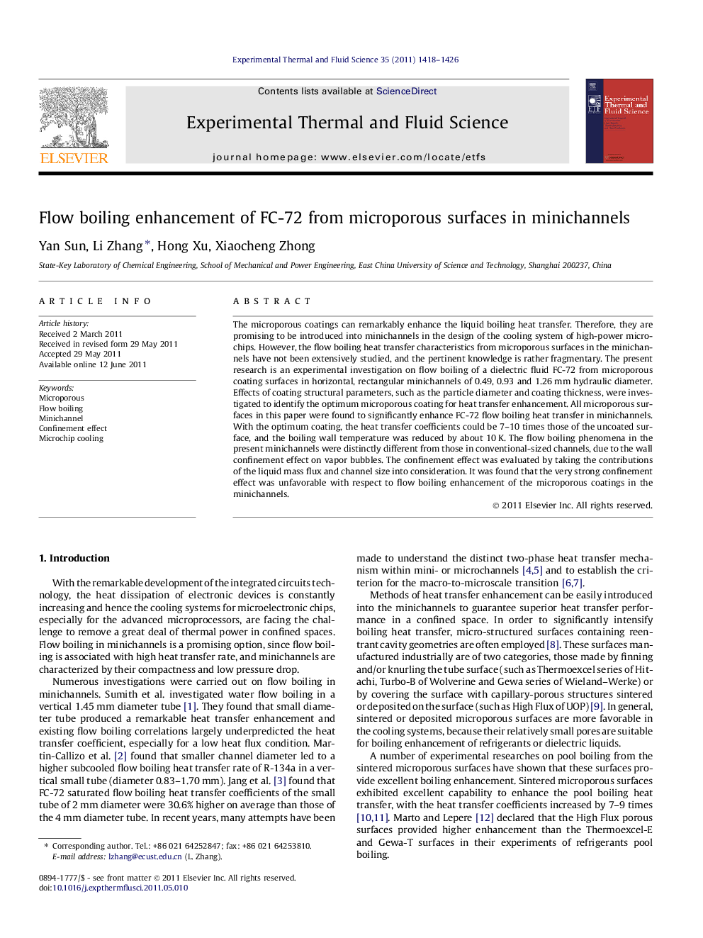 عکس صفحه اول مقاله: Flow boiling enhancement of FC-72 from microporous surfaces in minichannels Flow boiling enhancement of FC-72 from microporous surfaces in minichannels