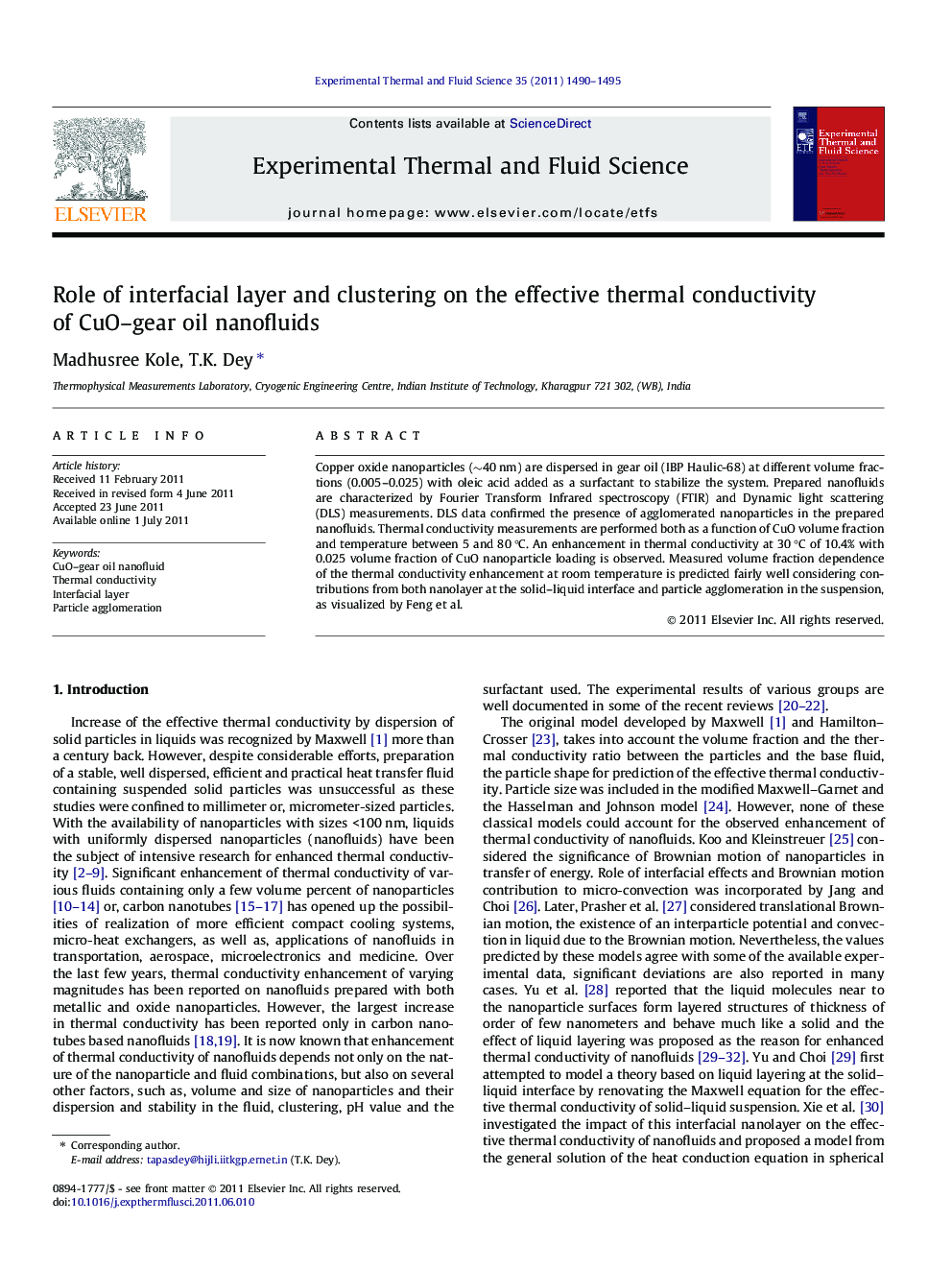 Role of interfacial layer and clustering on the effective thermal conductivity of CuO–gear oil nanofluids