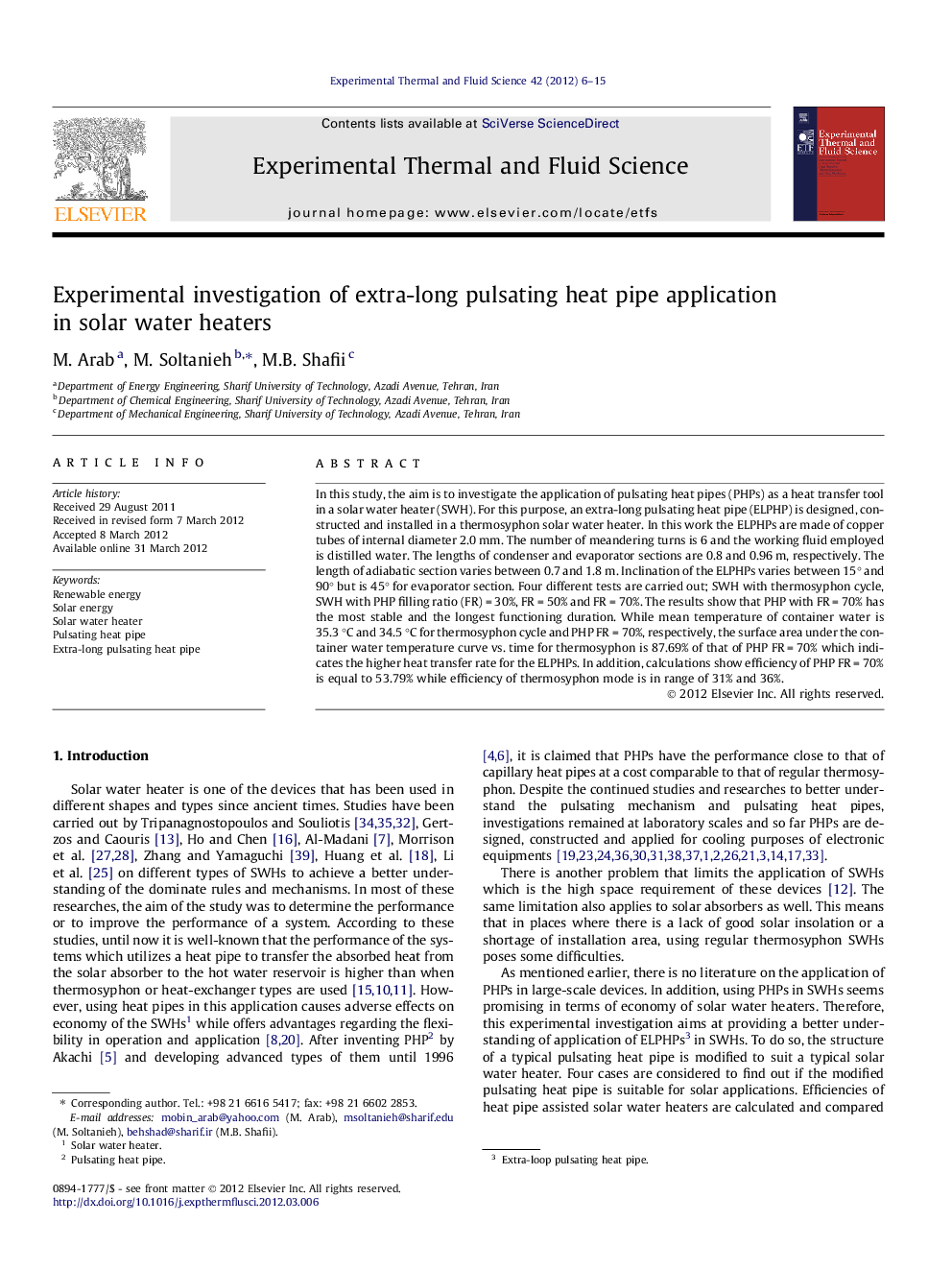 Experimental investigation of extra-long pulsating heat pipe application in solar water heaters