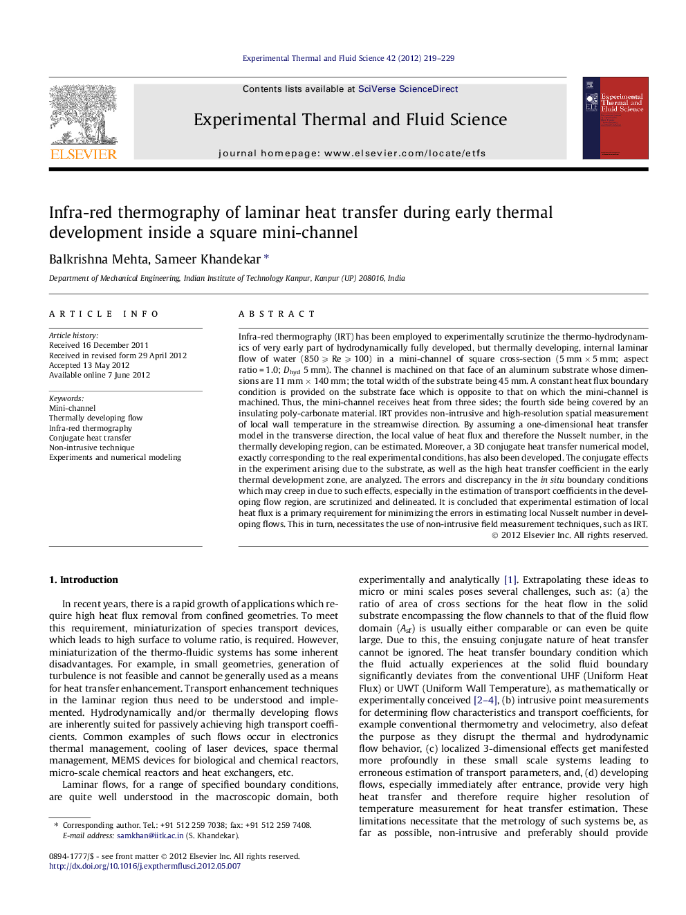 Infra-red thermography of laminar heat transfer during early thermal development inside a square mini-channel