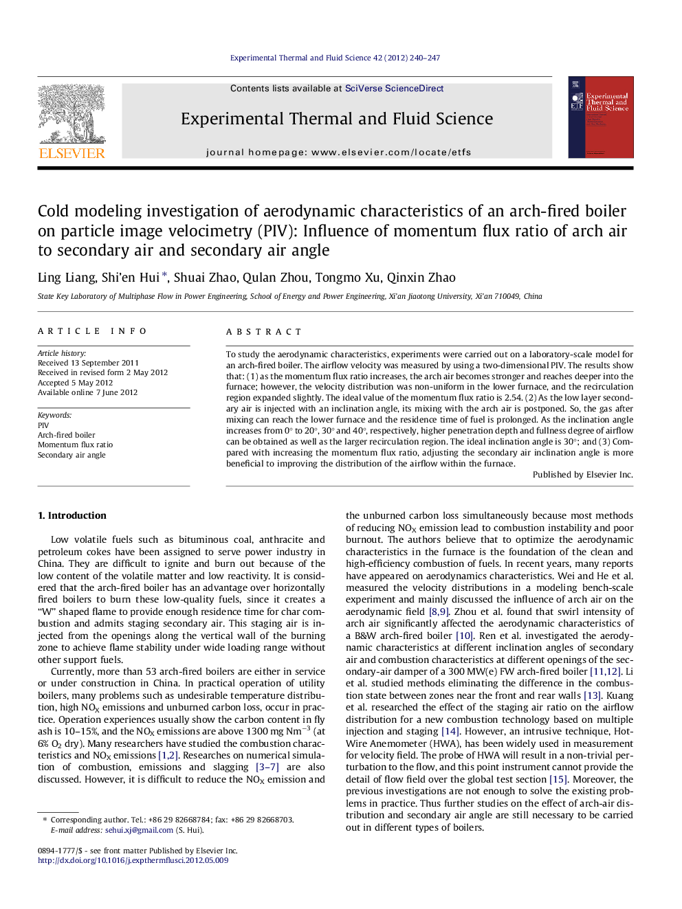 Cold modeling investigation of aerodynamic characteristics of an arch-fired boiler on particle image velocimetry (PIV): Influence of momentum flux ratio of arch air to secondary air and secondary air angle