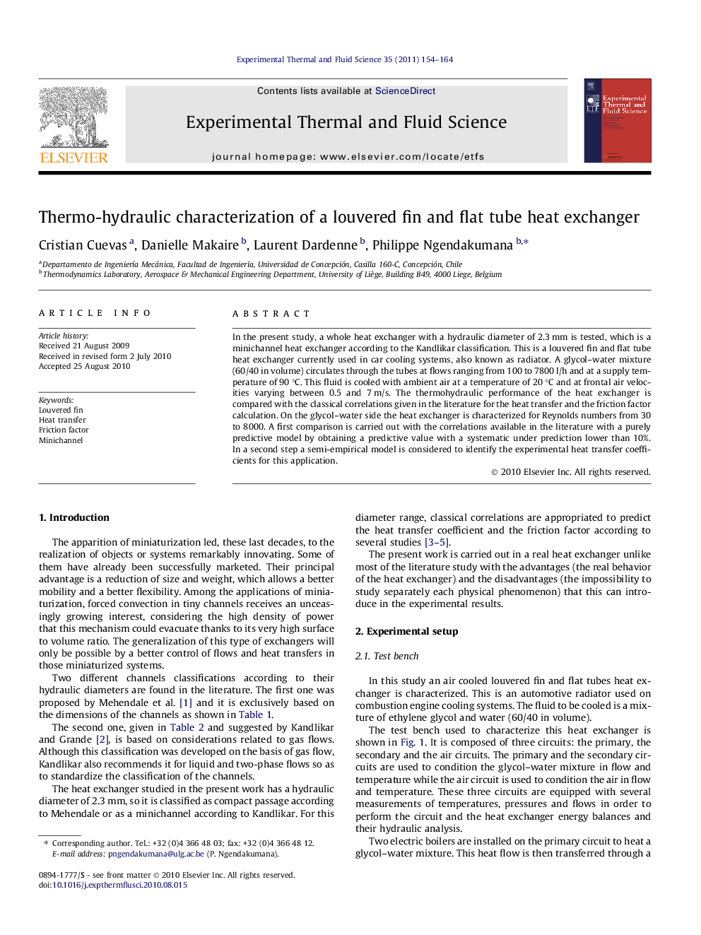 Thermo-hydraulic characterization of a louvered fin and flat tube heat exchanger