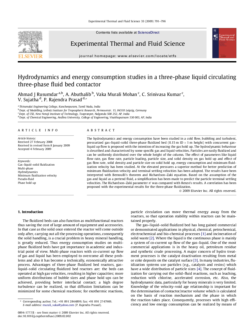 Hydrodynamics and energy consumption studies in a three-phase liquid circulating three-phase fluid bed contactor