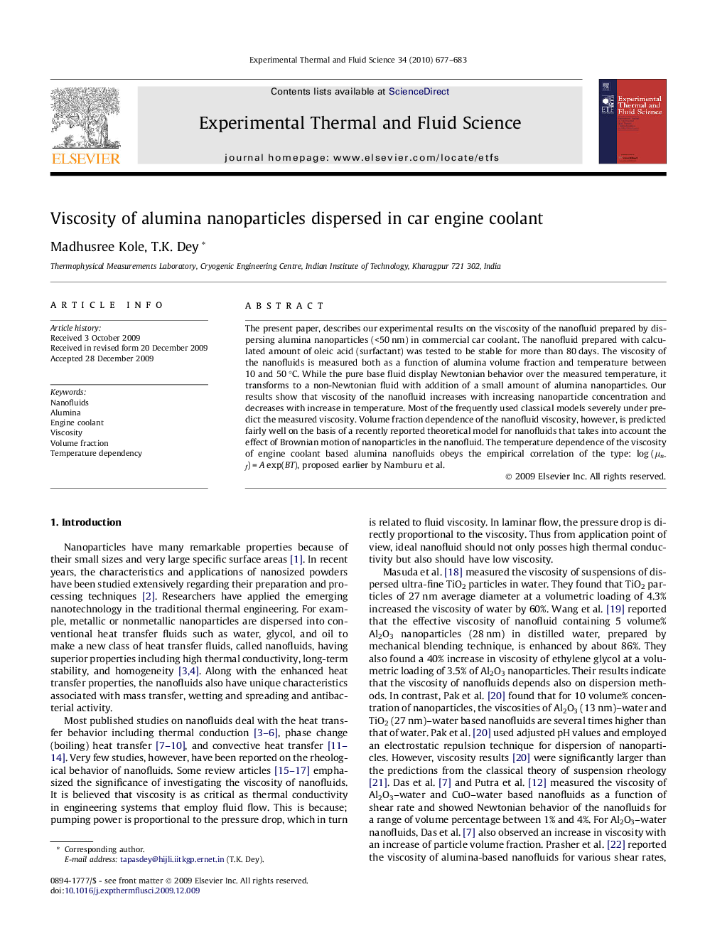 Viscosity of alumina nanoparticles dispersed in car engine coolant