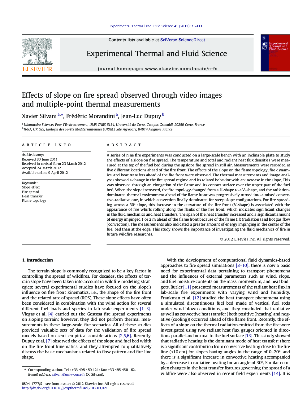 Effects of slope on fire spread observed through video images and multiple-point thermal measurements