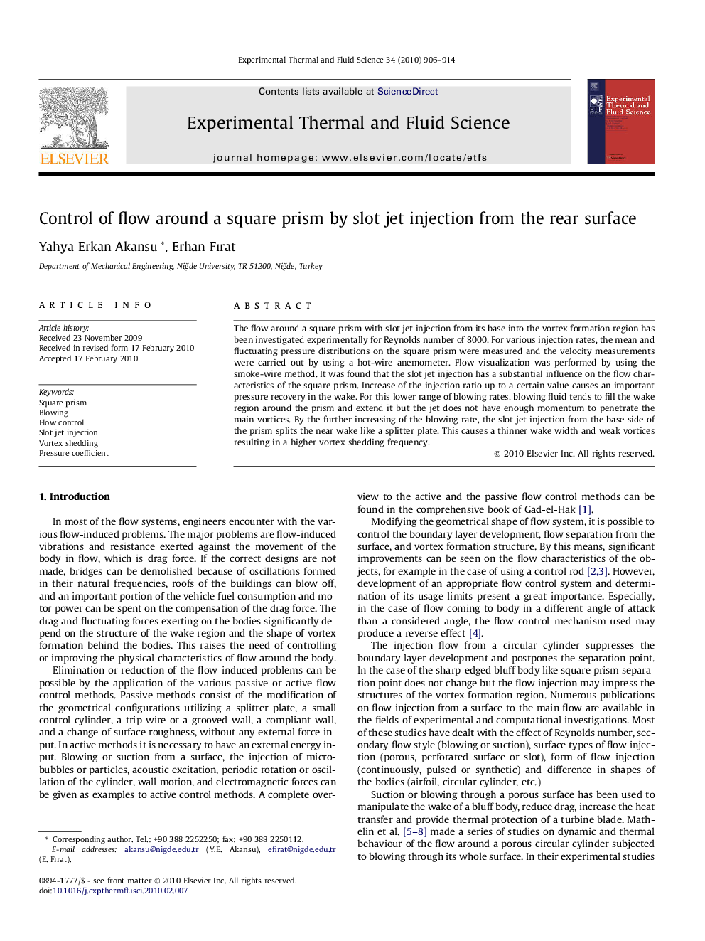 Control of flow around a square prism by slot jet injection from the rear surface