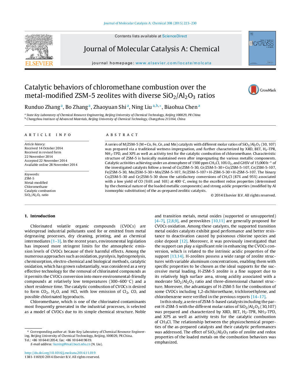عکس صفحه اول مقاله: Catalytic behaviors of chloromethane combustion over the metal-modified ZSM-5 zeolites with diverse SiO2/Al2O3 ratios Catalytic behaviors of chloromethane combustion over the metal-modified ZSM-5 zeolites with diverse SiO2/Al2O3 ratios